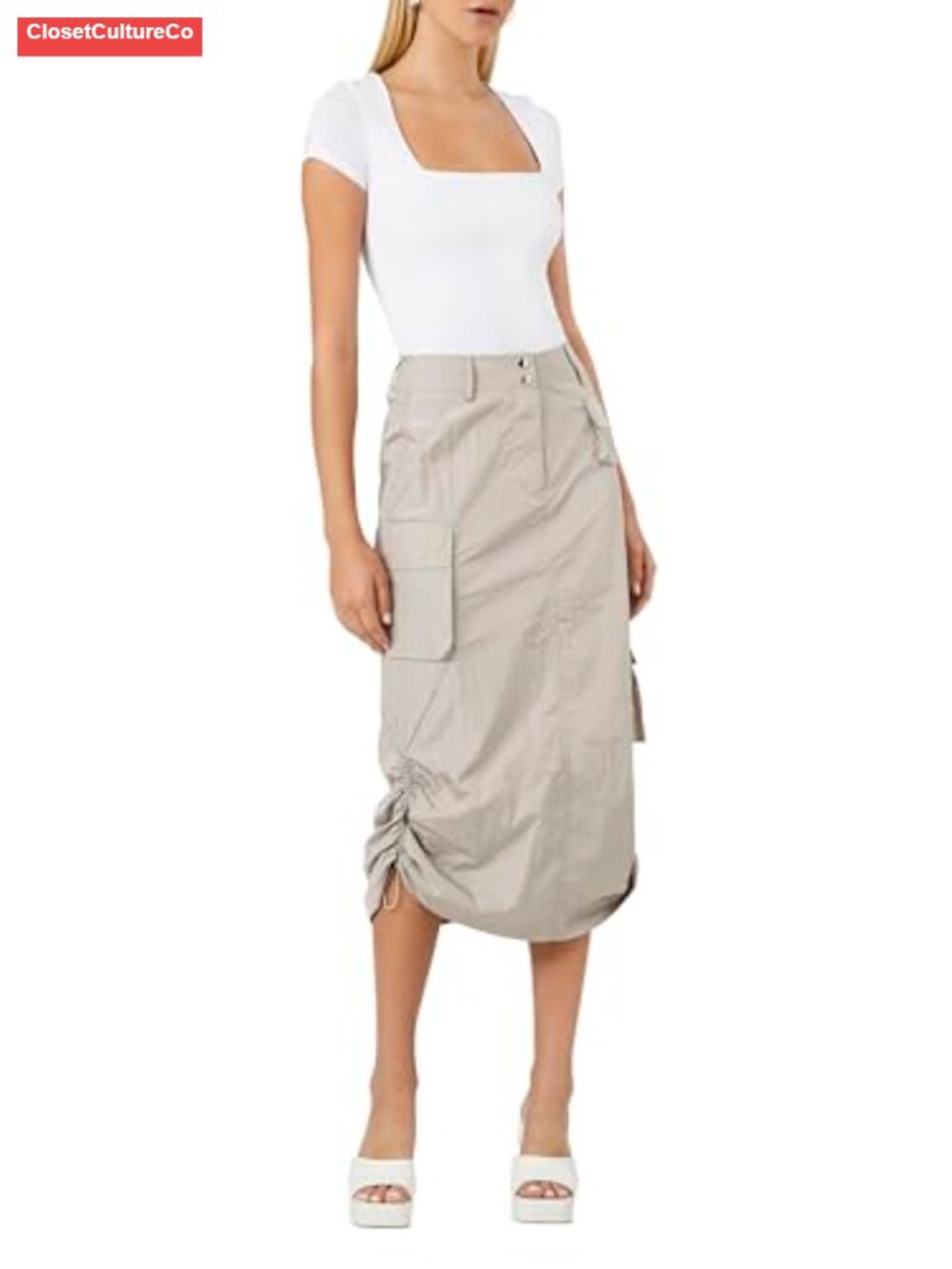 Cargo Midi Skirt with Pockets Drawstring Casual Outdoor